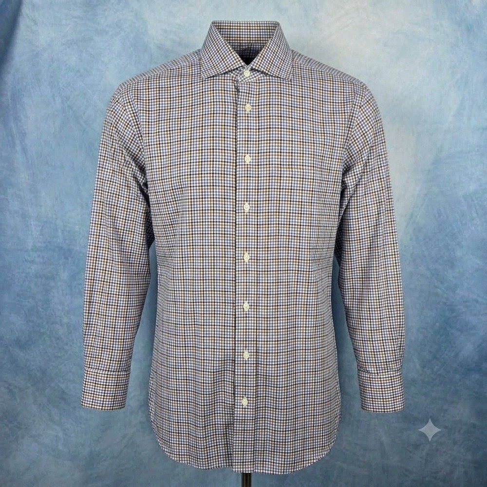 Robert Talbott Estate Mens M Dress Shirt Blue Purple Brown Check Long Sleeve